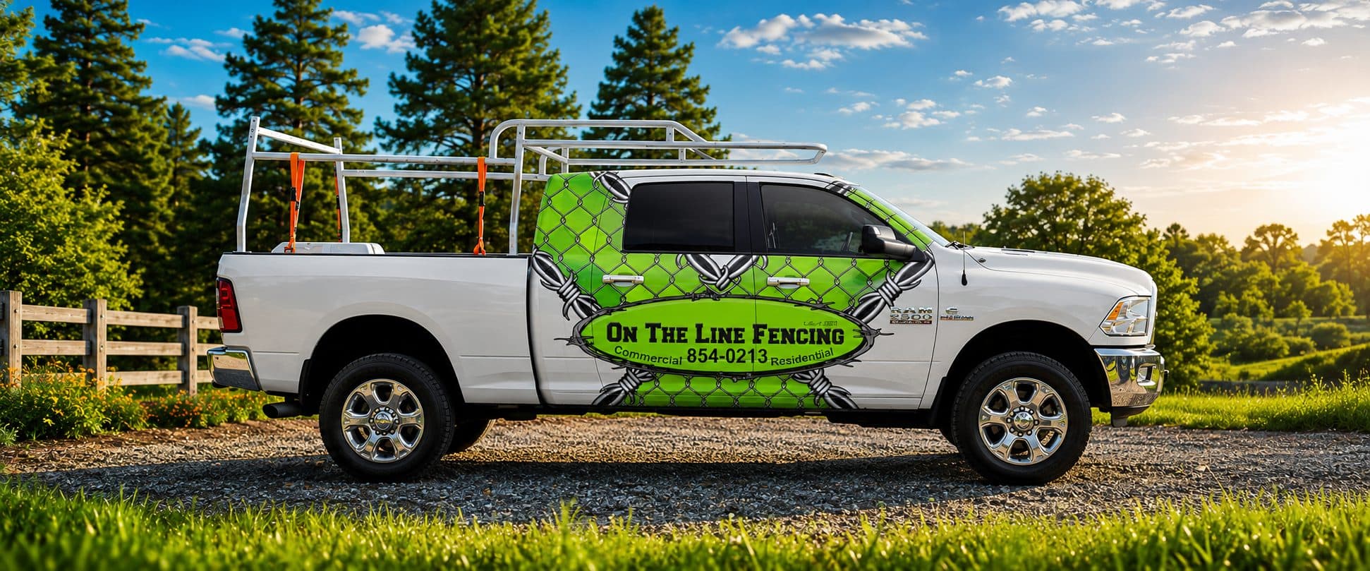 On The Line Fencing branded truck on a Big Island property